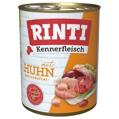 Blik Rinti Kennerfleisch mit Huhn, getreidefrei. Afbeelding van rauw vlees en groente op het etiket. Rood zegel: Rinti seit 1983 Original.