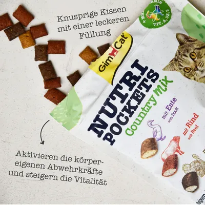 GimCat Nutri Pockets Country Mix mit Ente und Rind. Knusprige Kissen mit leckerer Füllung, aktivieren Abwehrkräfte und steigern Vitalität.