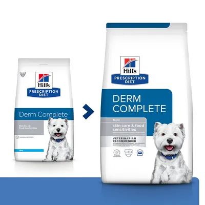 Hill's Prescription Diet Derm Complete Mini, skin care & food sensitivities, veterinarian recommended. To poser med hundebillede og blå/hvidt design vises side om side.