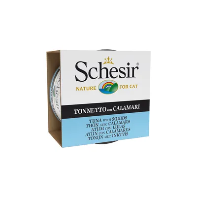 Schesir Nature for Cat. Tonnetto con Calamari. Thunfisch mit Tintenfisch. Verpackung mit mehrsprachiger Produktbeschreibung.