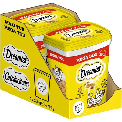 Lot de 2 boîtes Dreamies Mega Box 350 g, total 700 g. Marque Catisfactions également visible. Illustration de chat et morceaux de fromage sur l’emballage jaune.