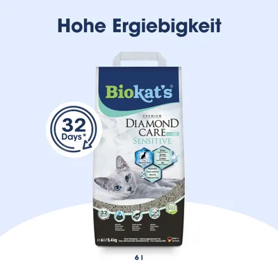 Biokat's Diamond Care Sensitive Katzenstreu, hohe Ergiebigkeit, 32 Tage Nutzung, ohne Parfüm, CO2-reduziert, 6l/5,4kg, Made in Germany. Biokat's Diamond Care Sensitive Katzenstreu, hohe Ergiebigkeit, 32 Tage Nutzung, ohne Parfüm, CO2-reduziert, 6l/5,4kg, Made in Germany.