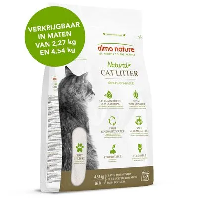 almo nature Natural Cat Litter, 100% plant-based, verkrijgbaar in maten van 2,27 kg en 4,54 kg. Tekst: ultra absorberend, snelle klontvorming, composteerbaar, doorspoelbaar.