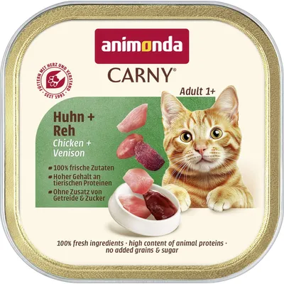 animonda Carny Adult 1+, Kylling + Rådyr. 100% friske ingredienser, højt indhold af animalske proteiner, uden tilsat korn og sukker.