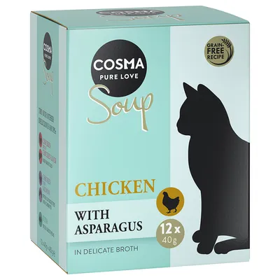 COSMA Pure Love Soup, Chicken with Asparagus, 12 x 40 g. Grain Free Recipe. Kattefigur på pakken. Tekst: In delicate broth.