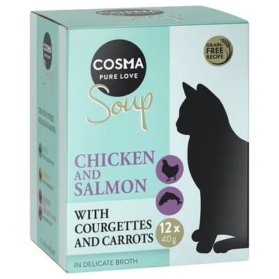 COSMA Pure Love Soup, Chicken and Salmon med courgetter og gulerødder, 12 x 40 g. Grain Free Recipe. In delicate broth. Kattefoder i papæske.