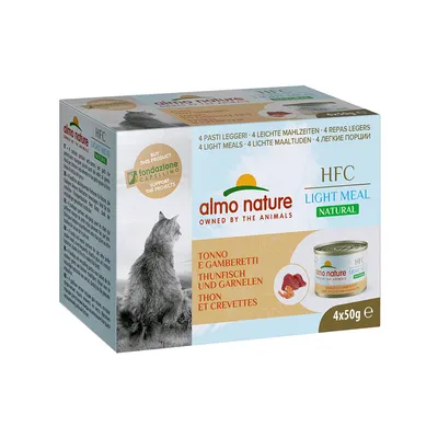 almo nature HFC Light Meal Natural, 4 lätta måltider med tonfisk och räkor, 4x50g. Text på flera språk och bild av katt samt konservburk.