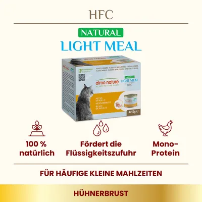 Almo Nature HFC Natural Light Meal mit Hühnerbrust, 100% natürlich, fördert die Flüssigkeitszufuhr, Mono-Protein. Für häufige kleine Mahlzeiten. Packung: 4x50g.