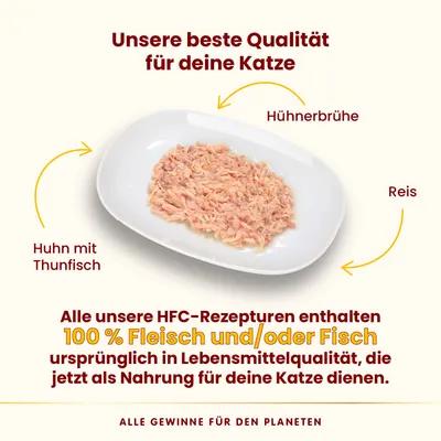 Unsere beste Qualität für Katzen: Huhn mit Thunfisch, Reis und Hühnerbrühe. HFC-Rezepturen mit 100% Fleisch oder Fisch in Lebensmittelqualität als Katzennahrung.