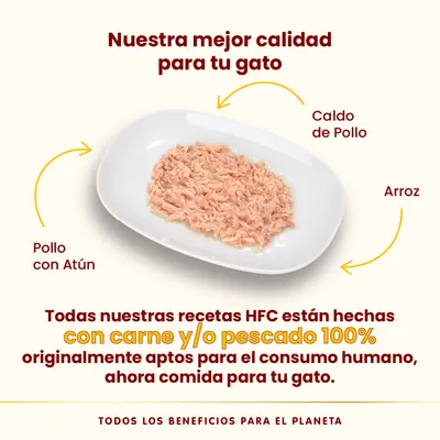 Nuestra mejor calidad para tu gato. Pollo con atún, caldo de pollo y arroz. Todas nuestras recetas HFC están hechas con carne y/o pescado 100% aptos para consumo humano.