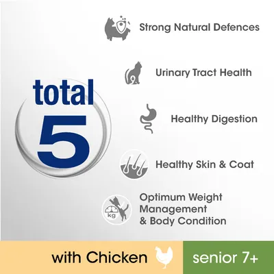 total 5, Strong Natural Defences, Urinary Tract Health, Healthy Digestion, Healthy Skin & Coat, Optimum Weight Management & Body Condition, with Chicken, senior 7+ (Engelse tekst).