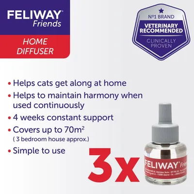 Feliway Friends Home Diffuser, veterinary recommended. Helps cats get along, maintain harmony, offers 4 weeks support, covers up to 70m², simple to use. Pack contains 3 refills.