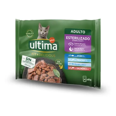 Ultima Fit & Delicious Adulto Sterilizado kissan märkäruoka, 4 x 85 g annospussit: tonnikala, taimen, merikala, lohi. Ei lisättyjä väriaineita tai säilöntäaineita.