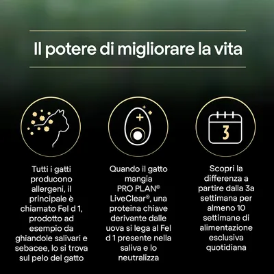 Testo: Il potere di migliorare la vita. Tutti i gatti producono allergeni, il principale è Fel d 1. PRO PLAN LiveClear neutralizza Fel d 1. Differenza visibile dalla 3a settimana con uso quotidiano.