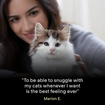 Text reads: 'To be able to snuggle with my cats whenever I want is the best feeling ever' - Marion E.