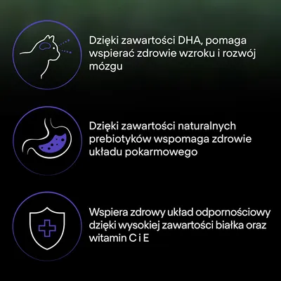 Dzięki zawartości DHA wspiera zdrowie wzroku i mózgu, prebiotyki wspomagają układ pokarmowy, białko oraz witaminy C i E wspierają odporność. Tekst w języku polskim.