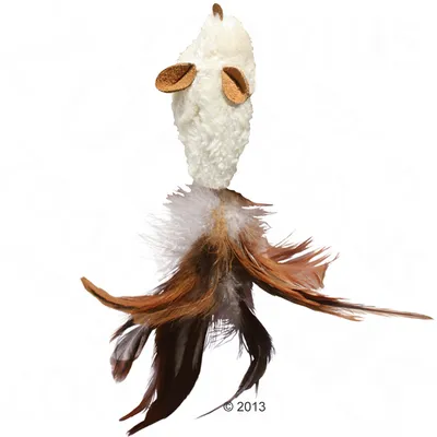 Cat toy with white plush body, brown leather ears and long feathers in brown and white tones.