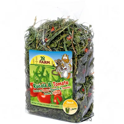 JR Farm Rucola & Tomate Snack, Ergänzungsfutter für alle Nager, Kräuterbasis, Verpackung mit Abbildung von Gemüse und Nagetieren.
