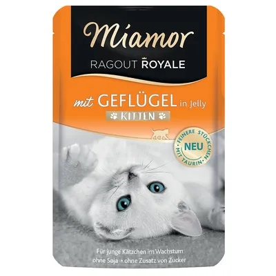 Miamor Ragout Royale with poultry in jelly for kittens. Fine pieces, with taurine, no soya, no added sugar. For growing young kittens. New.
