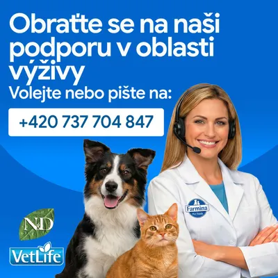 Kontakt na nutričné poradenstvo: +420 737 704 847. Značkové logá ND a VetLife, osoba so slúchadlom a mikrofónom v bielom plášti. Kontakt na nutričné poradenstvo: +420 737 704 847. Značkové logá ND a VetLife, osoba so slúchadlom a mikrofónom v bielom plášti.
