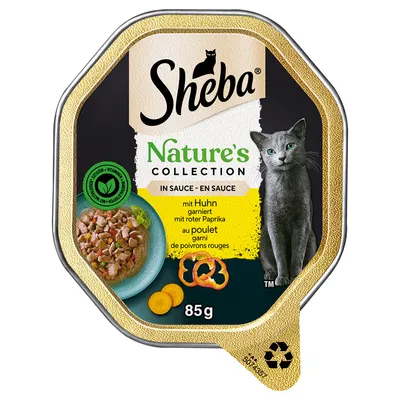 Sheba Nature's Collection in Sauce, mit Huhn und roter Paprika, 85g. Verpackung zeigt Produktabbildung und Recycling-Symbol.