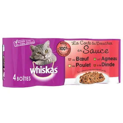 whiskas 4 boîtes, adapté aussi aux chats stérilisés, La Carte du Boucher en Sauce : bœuf, poulet, agneau, dinde, repas 100 % complet et équilibré, sans colorant ni conservateur artificiels ajoutés