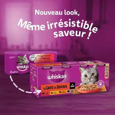 Whiskas La Carte du Boucher en sauce, 4 boîtes. Nouveau look, même irrésistible saveur ! Saveurs : bœuf, poulet, volaille, dinde. Texte visible sur l’emballage.