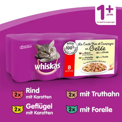 Whiskas 8 boîtes La Carte Mer et Campagne en gelée : 2x bœuf aux carottes, 2x volaille aux carottes, 2x dinde, 2x truite. Repas 100 % complet et équilibré. Pour chats dès 1 an.