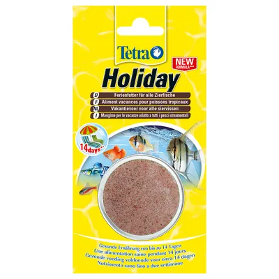 Tetra Holiday semesterfoder för alla prydnadsfiskar, ny formula, hälsosam näring i upp till 14 dagar, bild av foder och olika prydnadsfiskar. Tetra Holiday semesterfoder för alla prydnadsfiskar, ny formula, hälsosam näring i upp till 14 dagar, bild av foder och olika prydnadsfiskar.