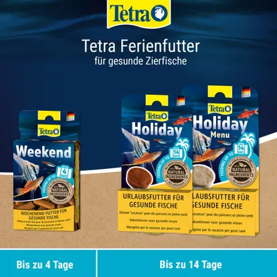 Tetra Ferienfutter für gesunde Zierfische: Weekend bis zu 4 Tage, Holiday und Holiday Menu bis zu 14 Tage, mit natürlichen Zutaten, Urlaubsfutter für Fische. Tetra Ferienfutter für gesunde Zierfische: Weekend bis zu 4 Tage, Holiday und Holiday Menu bis zu 14 Tage, mit natürlichen Zutaten, Urlaubsfutter für Fische.