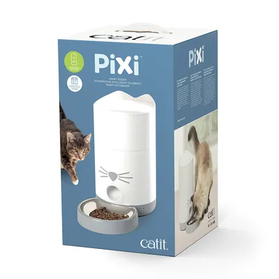 Catit Pixi Smart-Futterautomat, weiss, mit Katzengesicht-Design. Verpackung zeigt Produkt und Katze beim Fressen aus dem Napf. Text: 'Smart Feeder' und technische Details auf der Seite.