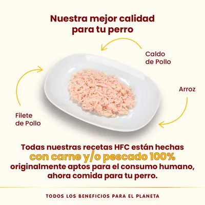 Plato con mezcla de filete de pollo, arroz y caldo de pollo. Texto: Todas nuestras recetas HFC están hechas con carne y/o pescado 100% originalmente aptos para el consumo humano.