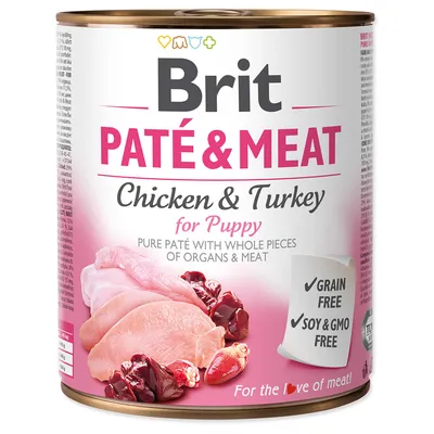 Brit Paté & Meat Chicken & Turkey til hvalp. Ren paté med hele kødstykker, kornfri, uden soja og GMO.