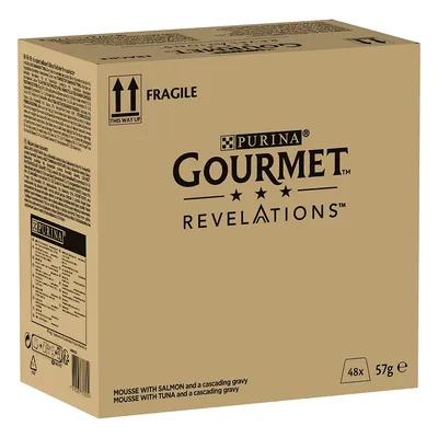 Purina Gourmet Revelations, embalagem com 48x 57g mousse com salmão e atum em molho. Indicação: frágil, este lado para cima.
