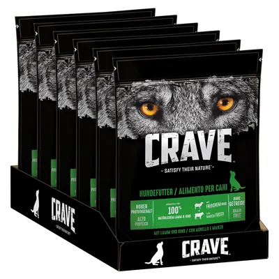 Crave Hundefutter mit hohem Proteingehalt, hergestellt mit 100% natürlichem Lamm und Rind, ohne Getreide. Verpackung zeigt Wolfsmotiv und Produktdetails.