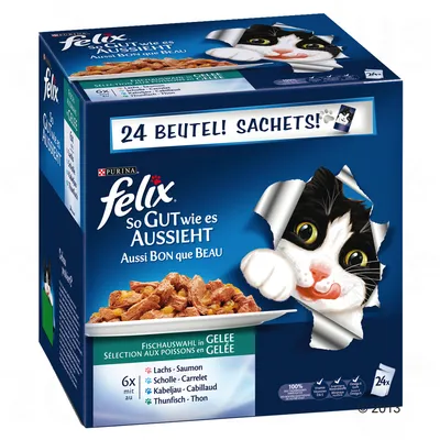 Purina Felix So Gut wie es aussieht cat food, 24 sachets, fish selection in jelly. Visible text in German and French. Flavours: salmon, plaice, cod, tuna. Cartoon cat on packaging.