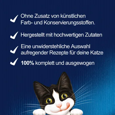 Ohne Zusatz von künstlichen Farb- und Konservierungsstoffen. Hergestellt mit hochwertigen Zutaten. Auswahl aufregender Rezepte für Katzen. 100% komplett und ausgewogen.
