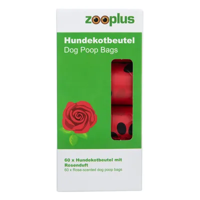 Zooplus Hundekotbeutel, 60 Stück mit Rosenduft, grüne Verpackung mit roter Rose und Sichtfenster.