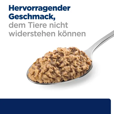 Texte en allemand : Hervorragender Geschmack, dem Tiere nicht widerstehen können. Cuillère contenant de la pâtée pour animaux.