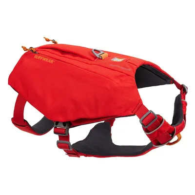 Ruffwear hundsele i rött med justerbara remmar, handtag och fästögla.