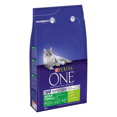 Purina ONE Indoor Formula Bifensis Dual Defence dry cat food, 3kg bag, with image of a grey cat and visible text: 'Visible Health for Today and Tomorrow', 'with Turkey'.