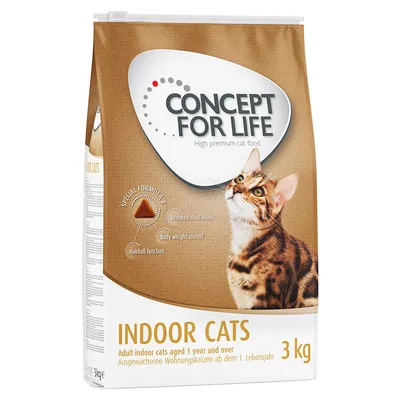 CONCEPT FOR LIFE High premium cat food, INDOOR CATS, 3 kg. Tekst: Reduced stool odour, Body weight control, Hairball function. Adult indoor cats aged 1 year and over.