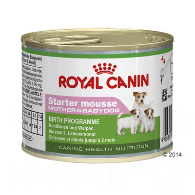 Royal Canin Starter Mousse Mother & Babydog, blik met afbeelding van volwassen hond en twee puppy’s. Tekst: Birth Programme, Hündinnen und Welpen bis zum 2. Lebensmonat.