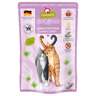 GranataPet DeliCATessen αρνί & γαλοπούλα, πατέ. Παραγωγή στη Γερμανία, χωρίς δοκιμές σε ζώα, χωρίς δημητριακά. Συστατικά: σπόροι ροδιού, λάδι σολομού, πράσινο μύδι.
