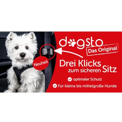 dogsto Das Original. Drei Klicks zum sicheren Sitz. Neuheit, optimaler Schutz, für kleine bis mittelgroße Hunde.