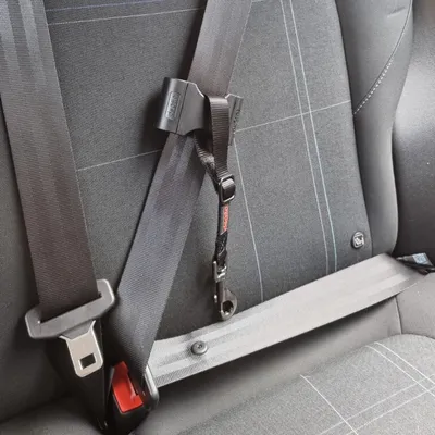 Autosicherheitsgurt mit schwarzem Karabinerhaken und verstellbarem Gurt, befestigt an einem Autositz. Geeignet für sichere Befestigung von Zubehör oder Transportgegenständen.