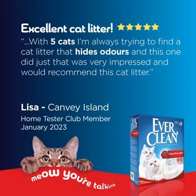 Tekst in het Engels: Excellent cat litter! 5 sterren. Review van Lisa, Canvey Island, Home Tester Club Member januari 2023 over Ever Clean kattenbakvulling. Slogan: meow you're talking.