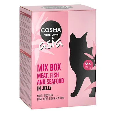 Cosma Pure Love Asia Mix Box Meat, Fish and Seafood in Jelly, 6 x 100 g. Multi Protein, Pure Meat, Fish & Seafood. Texte en anglais sur l’emballage.