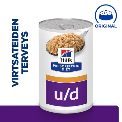 Hill's Prescription Diet u/d -purkki, etiketissä teksti 'Virtsateiden terveys' ja 'ORIGINAL', näkyvissä myös ruokalusikallinen tuotetta.