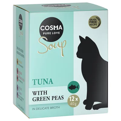 COSMA PURE LOVE Soup, Tuna with Green Peas, 12 x 40 g, Grain Free Recipe. Kattefigur på emballagen. Tekst: In delicate broth.